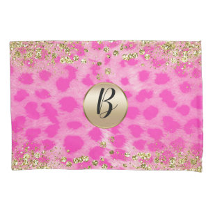 Roze leopard Cheetah print Gold Glitter Monogram Kussensloop