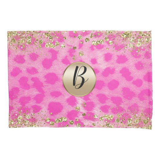 Roze leopard Cheetah print Gold Glitter Monogram Kussensloop (Voorkant)
