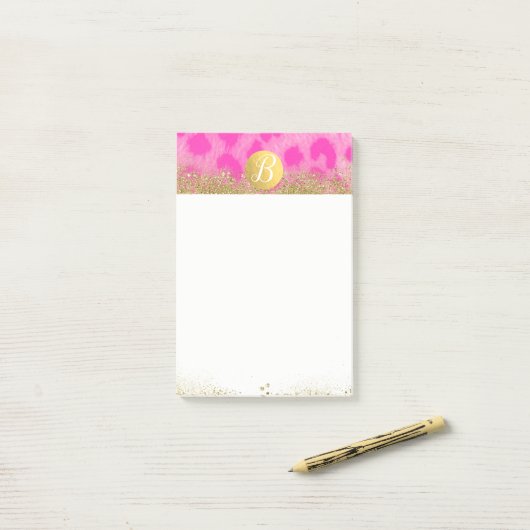 Roze leopard Cheetah print Gold Glitter Monogram Post-it® Notes (Op bureau)