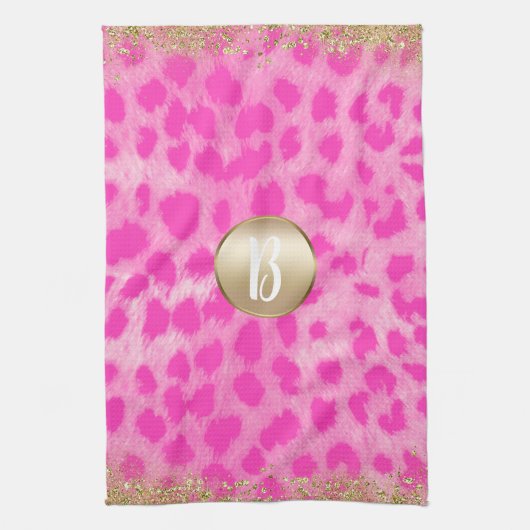 Roze leopard Cheetah print Gold Glitter Monogram Theedoek (Verticaal)