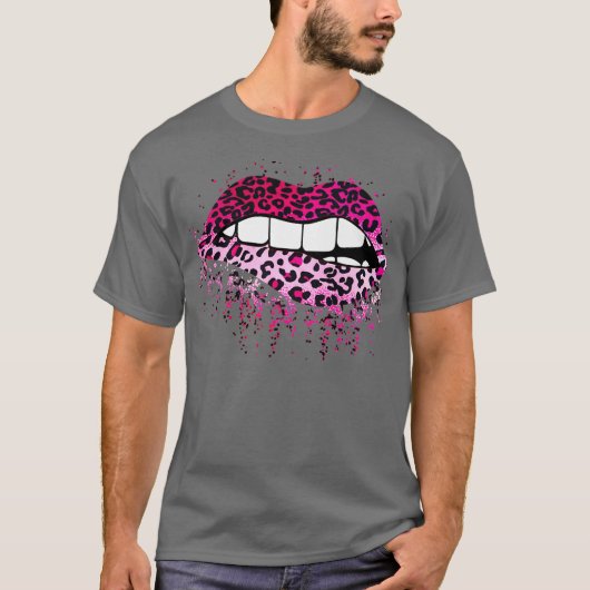 Roze leopard Drip Splatter Biting Lips Cadeau T-shirt (Voorkant)