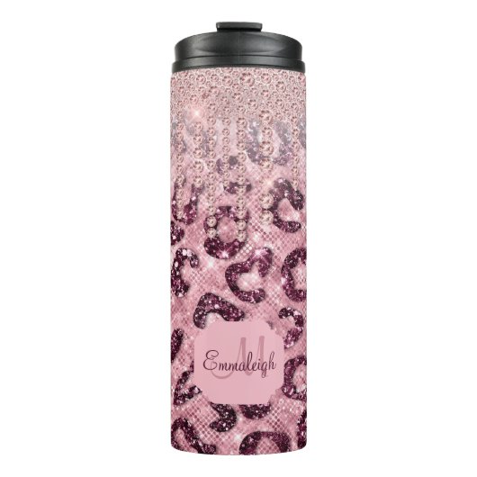 Roze leopard Glitter Diamond Drip Monogram Thermal Thermosbeker (Voorkant)