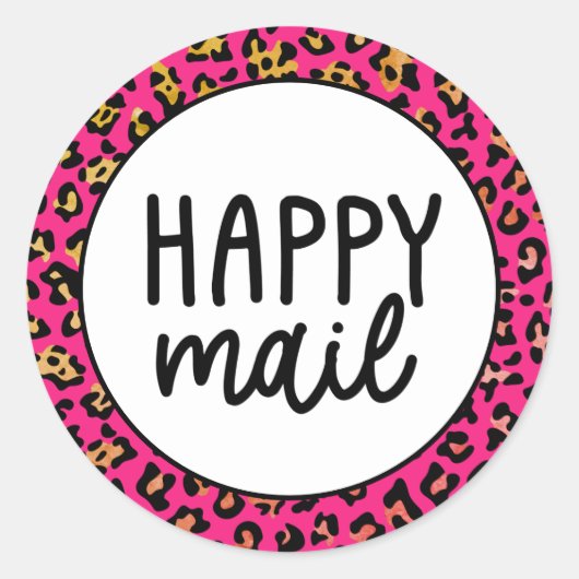 Roze Leopard Happy Mail Ronde Sticker (Voorkant)