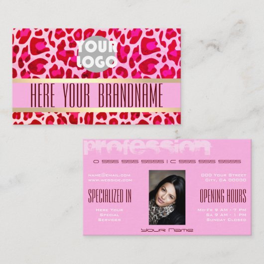 Roze leopard Patroon Aangepast Logo Foto Open uren Visitekaartje (Voorkant / Achterkant)