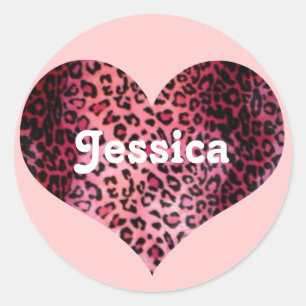 Roze Leopard Print Hartnaam Ronde Sticker