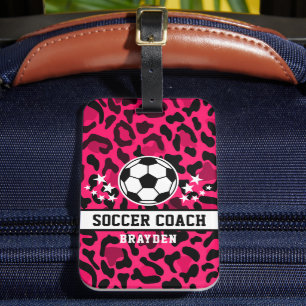 Roze Leopard Print Voetbal coach naam Bagagelabel