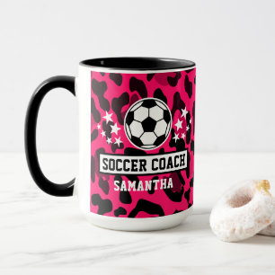 Roze Leopard Print Voetbal coach naam Mok