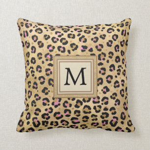 Roze leopard print Wild Safari Animal Monogram Kussen
