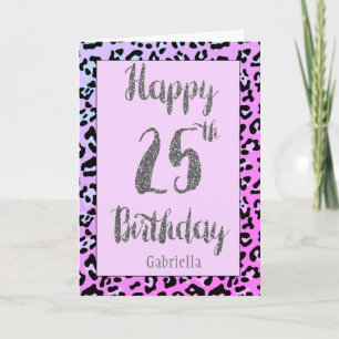 Roze Leopard Silver Glitter 25e Verjaardag Kaart