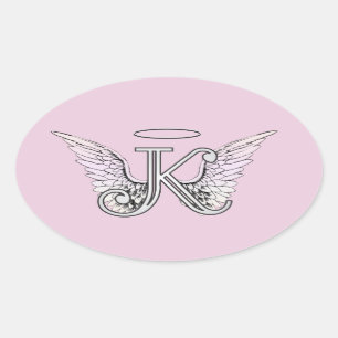 Roze letter K Angel Wings Monogram Ovale Sticker