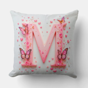 Roze Letter M-ontwerp Met Vlinders Kussen