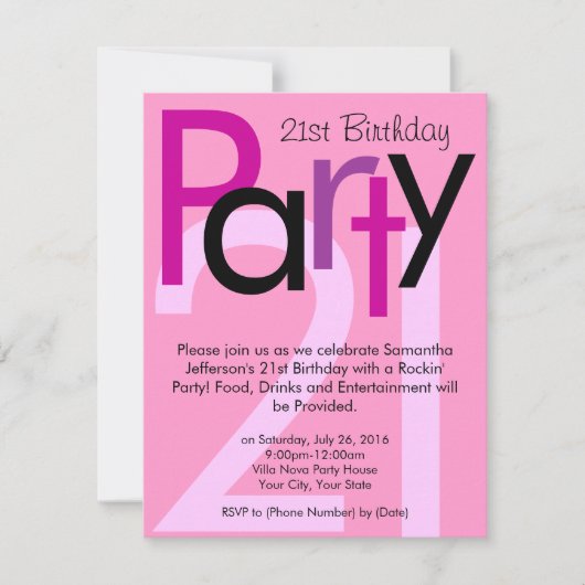 Roze lettertype 21e verjaardag Party uitnodiging (Voorkant)