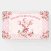 Roze Leuk Piggy Meisje 1e Verjaardagsfeestbanner Spandoek (Horizontaal)