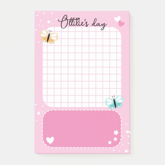 Roze Leuke Harten Sterren Vlinders Naam toevoegen Post-it® Notes (Voorkant)