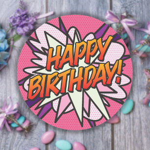 Roze Leuke Moderne GELUKKIGE VERJAARDAG Ronde Sticker