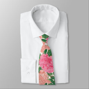 Roze & Licht Perzik Roos Bloemen met Groen Bladere Stropdas