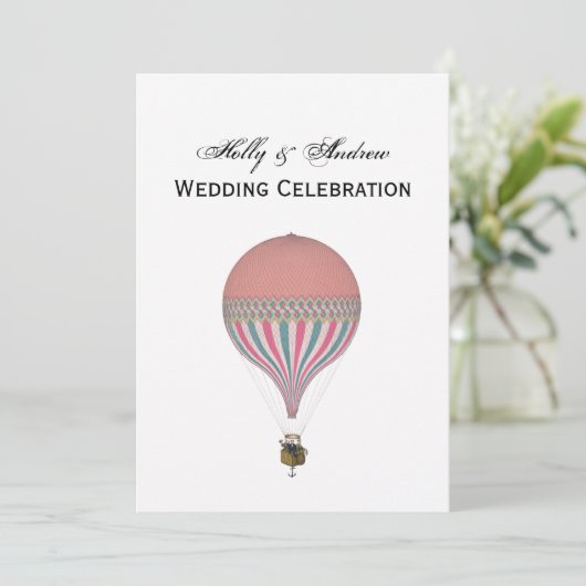 roze, lichtblauwe heteluchtballon V bruiloft Kaart (Staand voorkant)