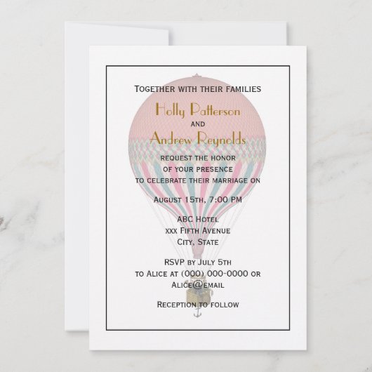 roze, lichtblauwe heteluchtballon V bruiloft Kaart (Achterkant)