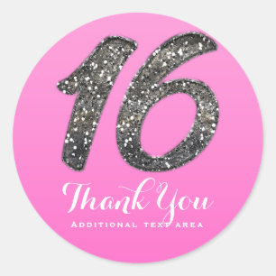 Roze Lief 16 Zilver Glitter Verjaardagsfeestje Fav Ronde Sticker