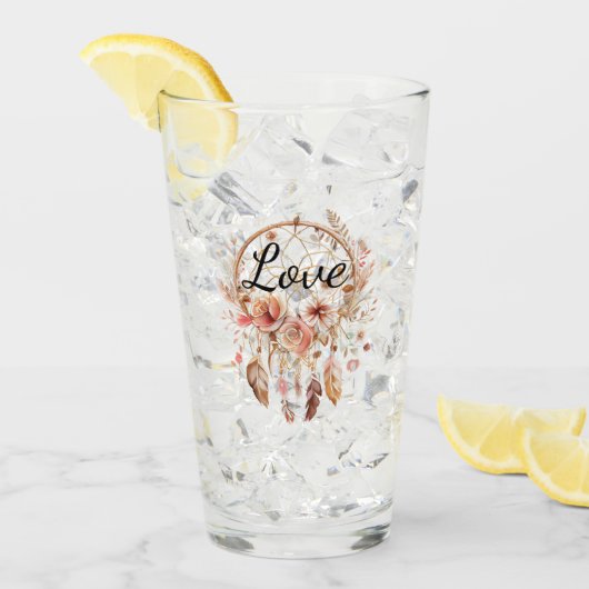 Roze Liefde Boho Bloemen Veren Droomvanger Glas (Voorkant ijs)