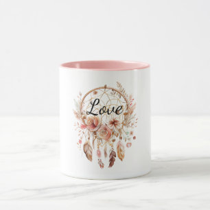 Roze Liefde Boho Bloemen Veren Droomvanger Mok