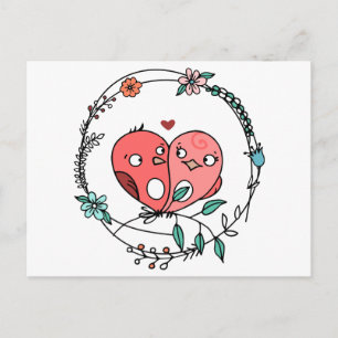 Roze Liefdesvogels Bloemige Liefde Bruiloft Briefkaart