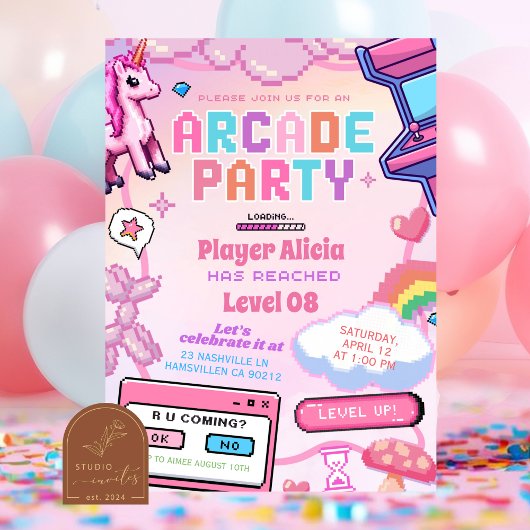 Roze Lieve Arcade Game Meisje Verjaardagsuitnodigi Kaart