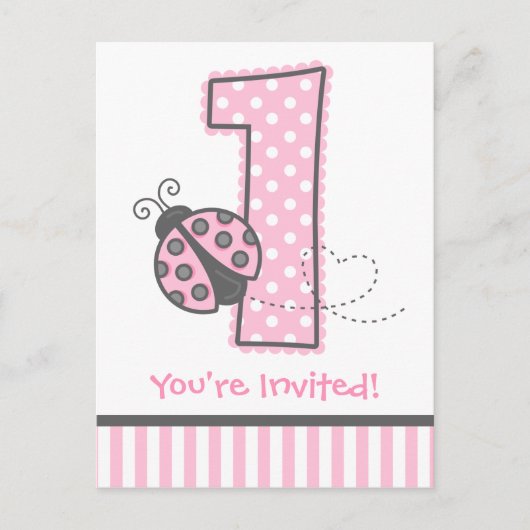 Roze lieveheersbeestje 1e verjaardag uitnodiging briefkaart (Voorkant)