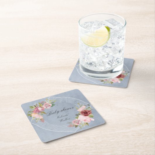 roze lijst met bruine bloem baby shower vierkante kartonnen onderzetter (Insitu)