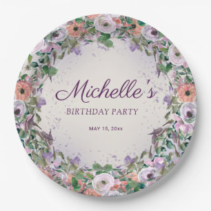 Roze Lila Paarse Waterverf Floral Birthday Papieren Bordje