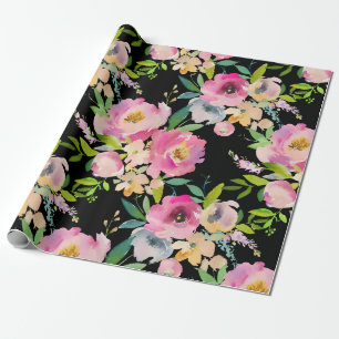 Roze Lila Peach zwarte Waterverf Floral Flowers Cadeaupapier