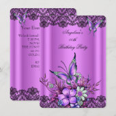 Roze Lila vlinder Floral Black Lace Birthday Kaart (Voorkant / Achterkant)