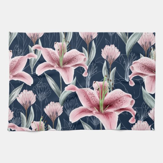 Roze Lilly Bloem Naadloos Patroon. Theedoek (Horizontaal)