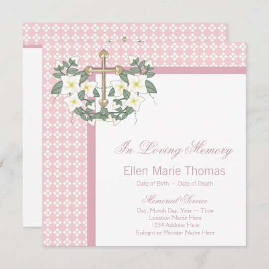 Roze Lily Cross in liefdevolle herinnering Kaart (Voorkant / Achterkant)