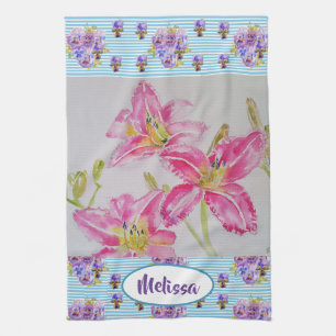 Roze Lily Flower Waterverf Floral Damal Naam  Theedoek