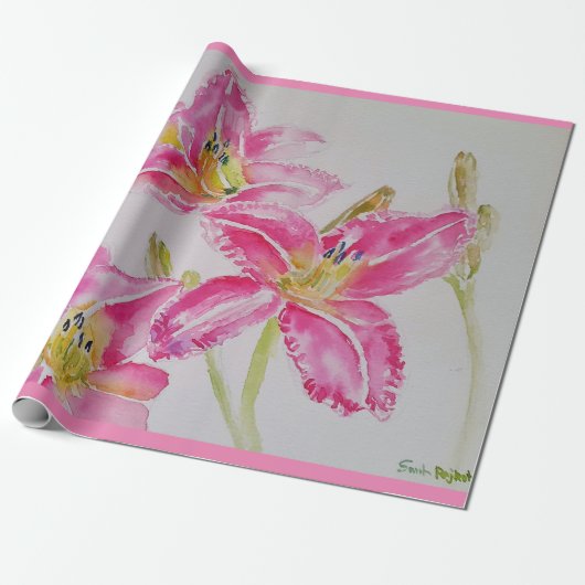 Roze Lily Lillies Flower Floral Waterverf Cadeaupapier (Uitgerold)
