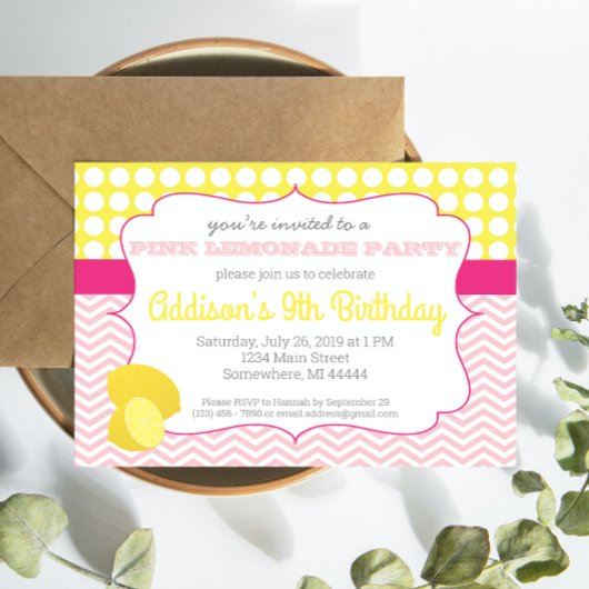 Roze limonade Birthday Invitation, limonaid Kaart