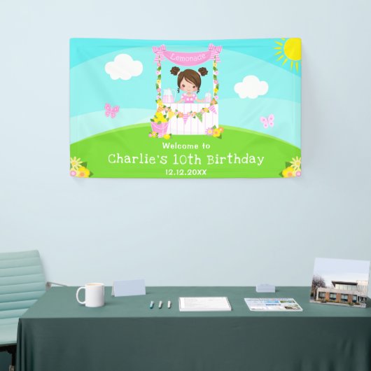 Roze limonade bruin haar meisje verjaardag welkom spandoek (Beurs)