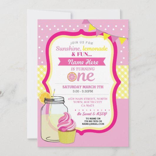 Roze limonade eerste 1e verjaardagsfeestje uitnodi kaart (Voorkant)