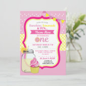 Roze limonade eerste 1e verjaardagsfeestje uitnodi kaart (Staand voorkant)