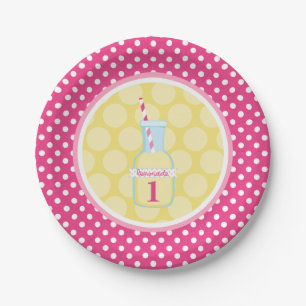 Roze limonade Polka Dot 1e verjaardag Papieren Bordje