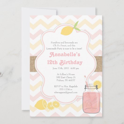 Roze limonade -  uitnodiging voor meisjes (Voorkant)
