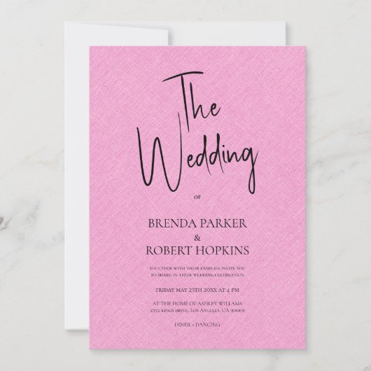 Roze linnen Simple Black Script Weddenschap Invite Kaart (Voorkant)
