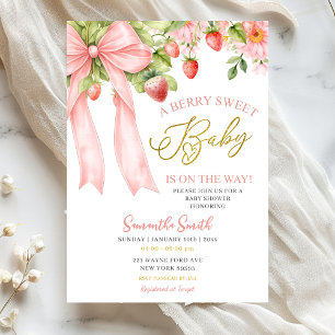 Roze lint aardbei babyshower uitnodiging