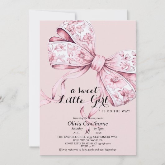 Roze lint baby shower uitnodiging met blozende tin (Voorkant)