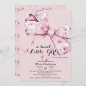 Roze lint baby shower uitnodiging met blozende tin (Voorkant / Achterkant)