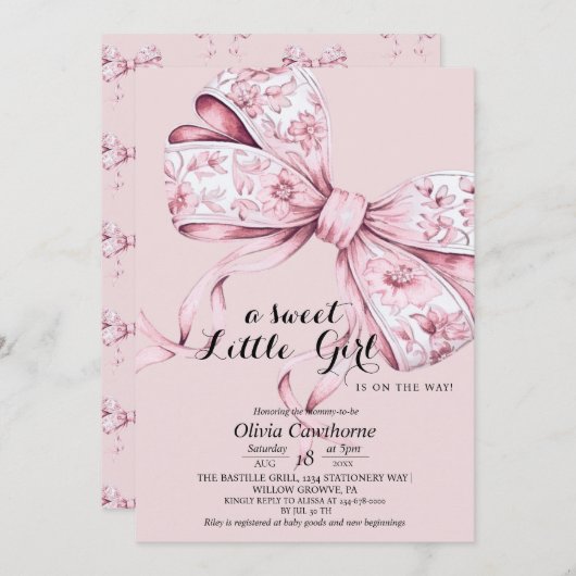 Roze lint baby shower uitnodiging met blozende tin (Voorkant / Achterkant)