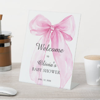 Roze lint baby shower welkom reclamebord met voetstuk