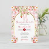 Roze Lint Bes verliefd aardbei Bruiloft Feest  Kaart (Staand voorkant)