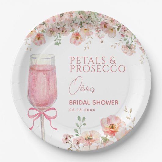 Roze lint bloemblaadjes & Prosecco Blush Bruidsmei Papieren Bordje (Voorkant)